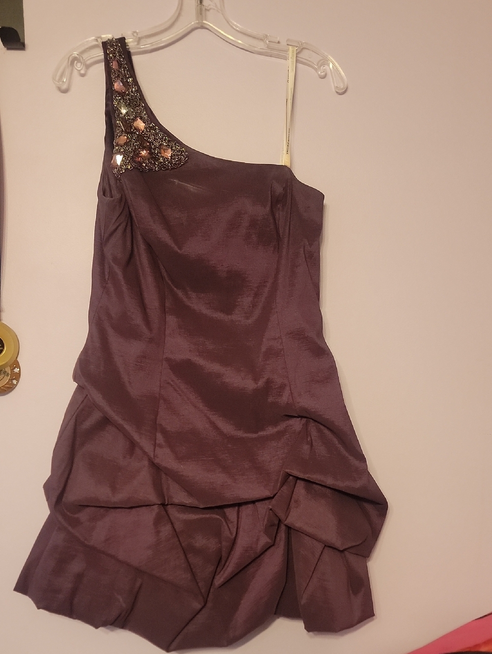 David's Bridal One-Shoulder Plum Cocktail Dress with Embellished Strap